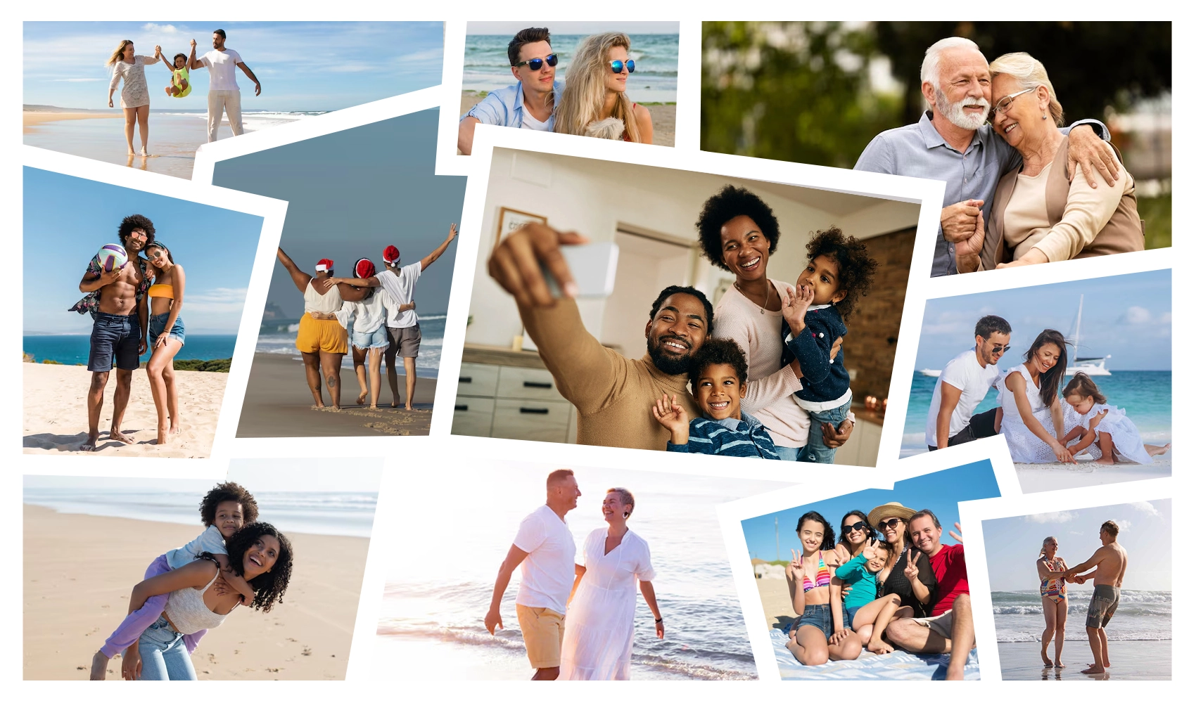 Collage of diverse happy families at the beach, home, and outdoors – showing life insurance coverage for all lifestyles.