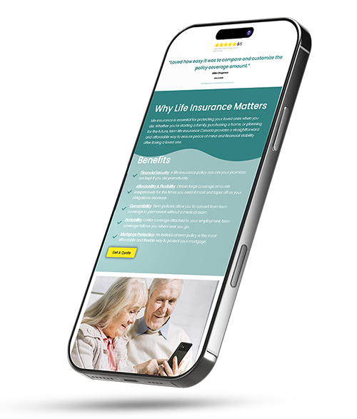 Smartphone displaying benefits of life insurance on TermCanada website – mobile responsive and easy to use.