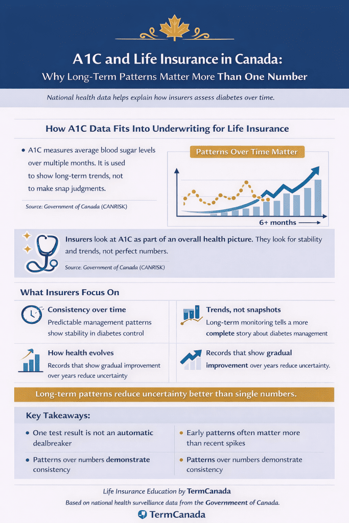 A1C target diabetes Canada infographic showing why life insurance focuses on long-term blood sugar patterns