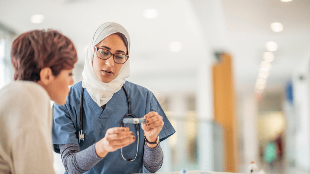Diabetes in Canada illustrated through a nurse supporting a patient during a medical visit